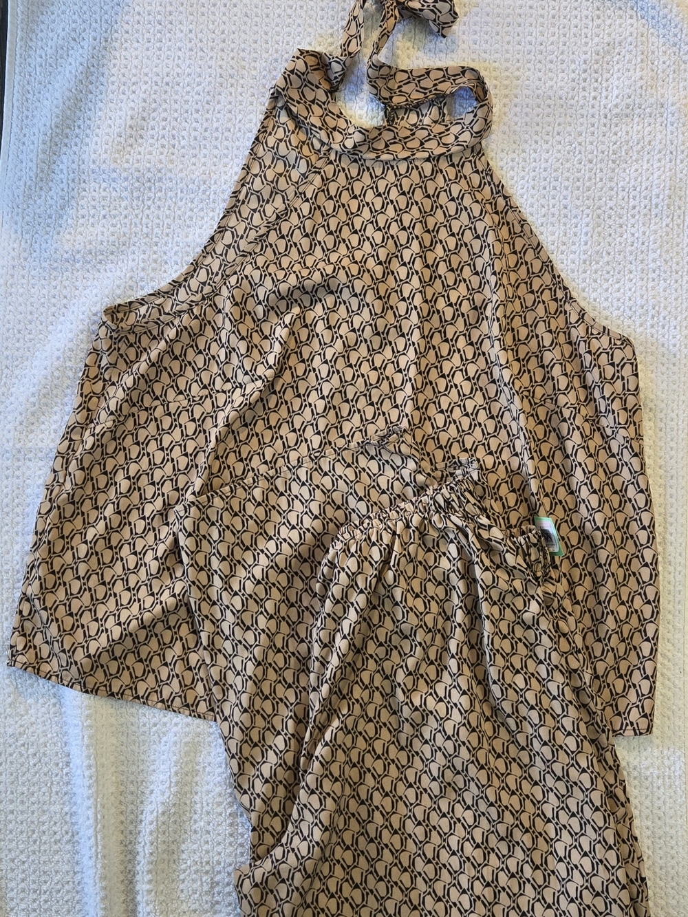 Women's Halter Neck Printed Tank Top And Pant Set 1XL- Tan/Black